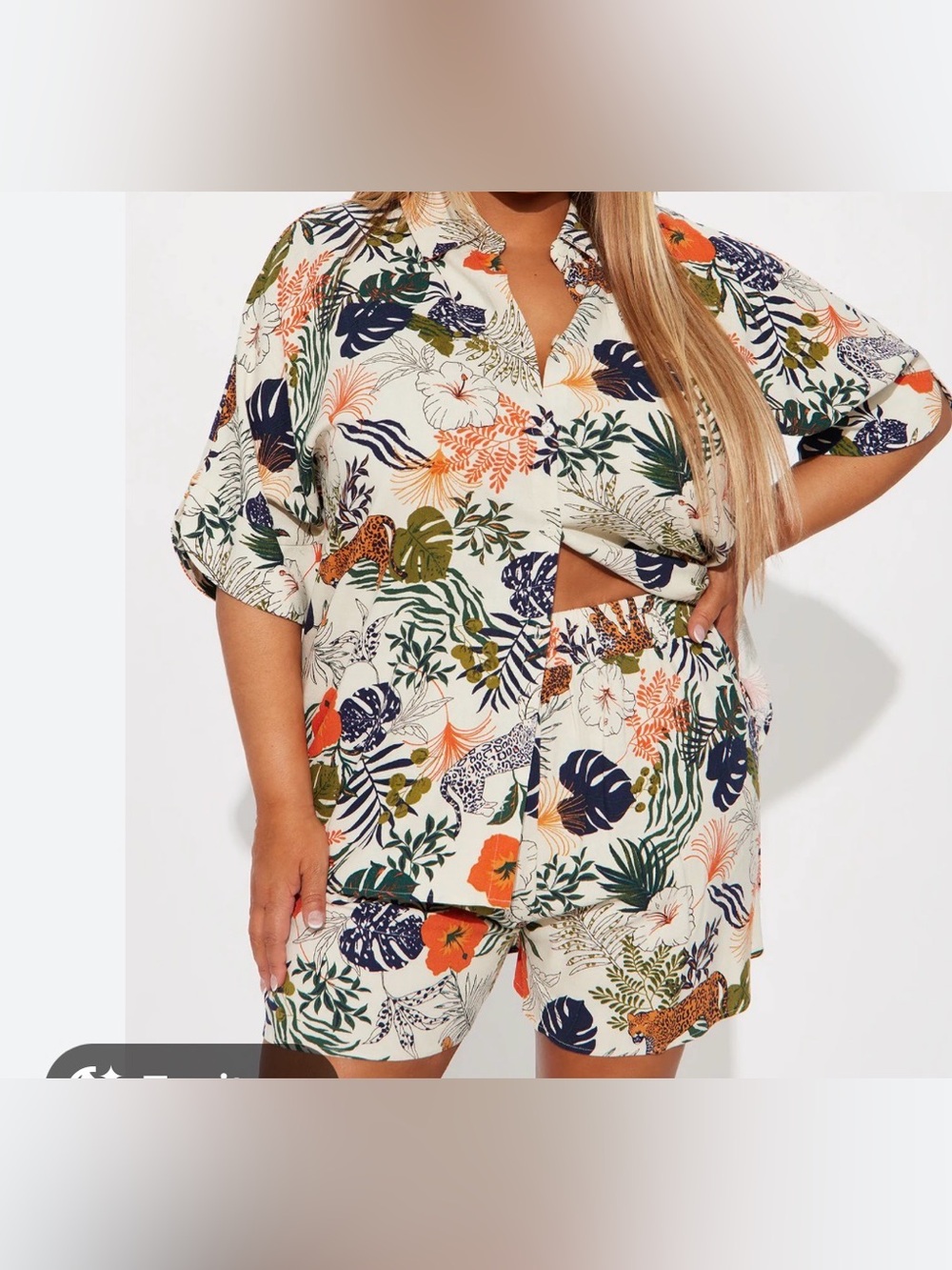 OverSize Cream Tropical Print Button-Up Shirt & Shorts Set